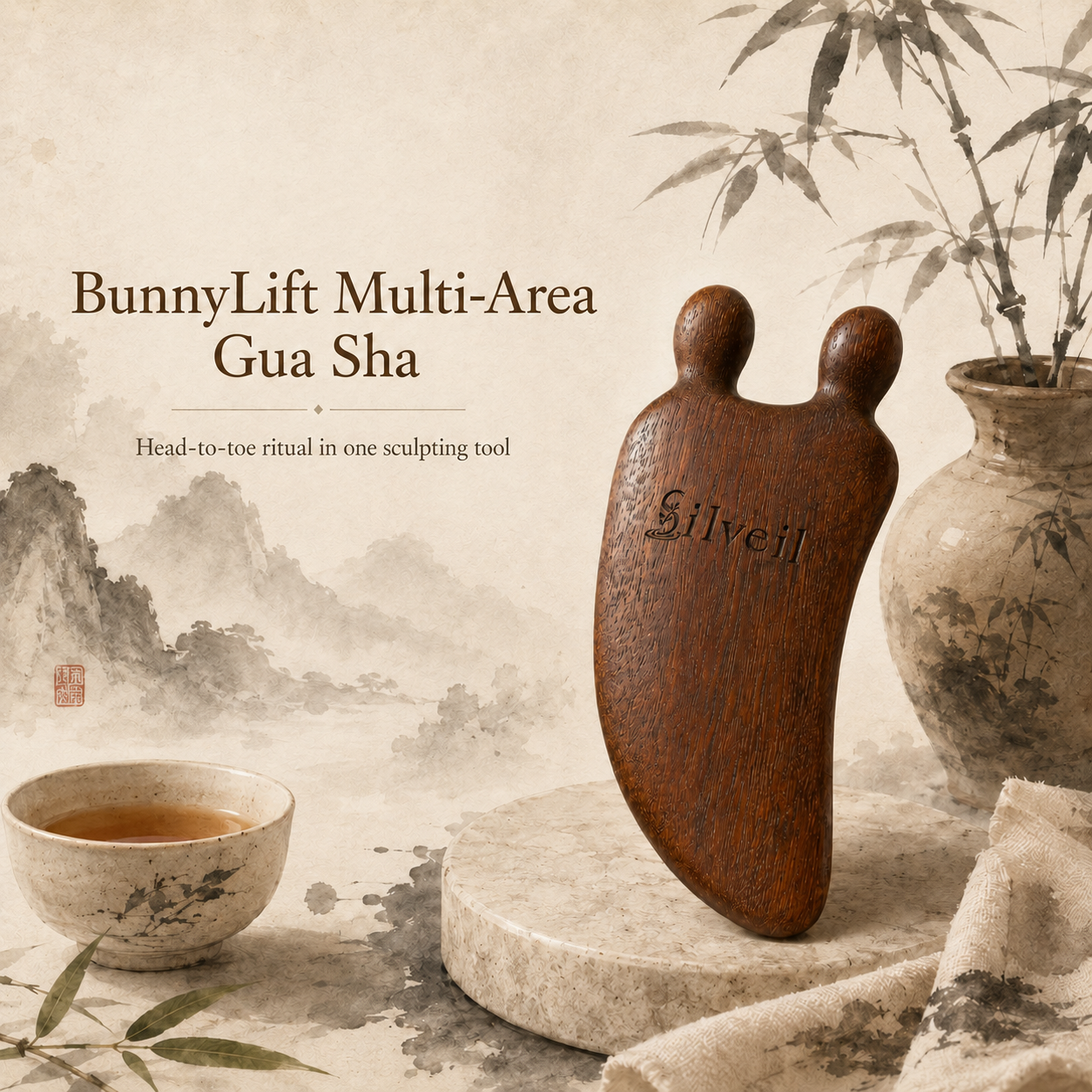 SILVEIL Bunny Lift Wood Gua Sha Tool l for Face, Neck & Hands