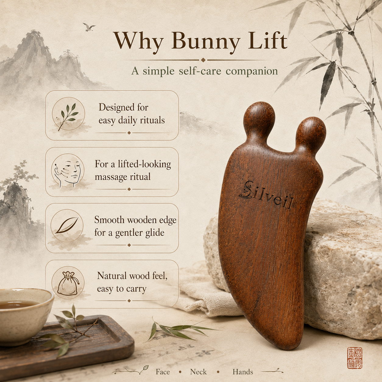SILVEIL Bunny Lift Wood Gua Sha Tool l for Face, Neck & Hands