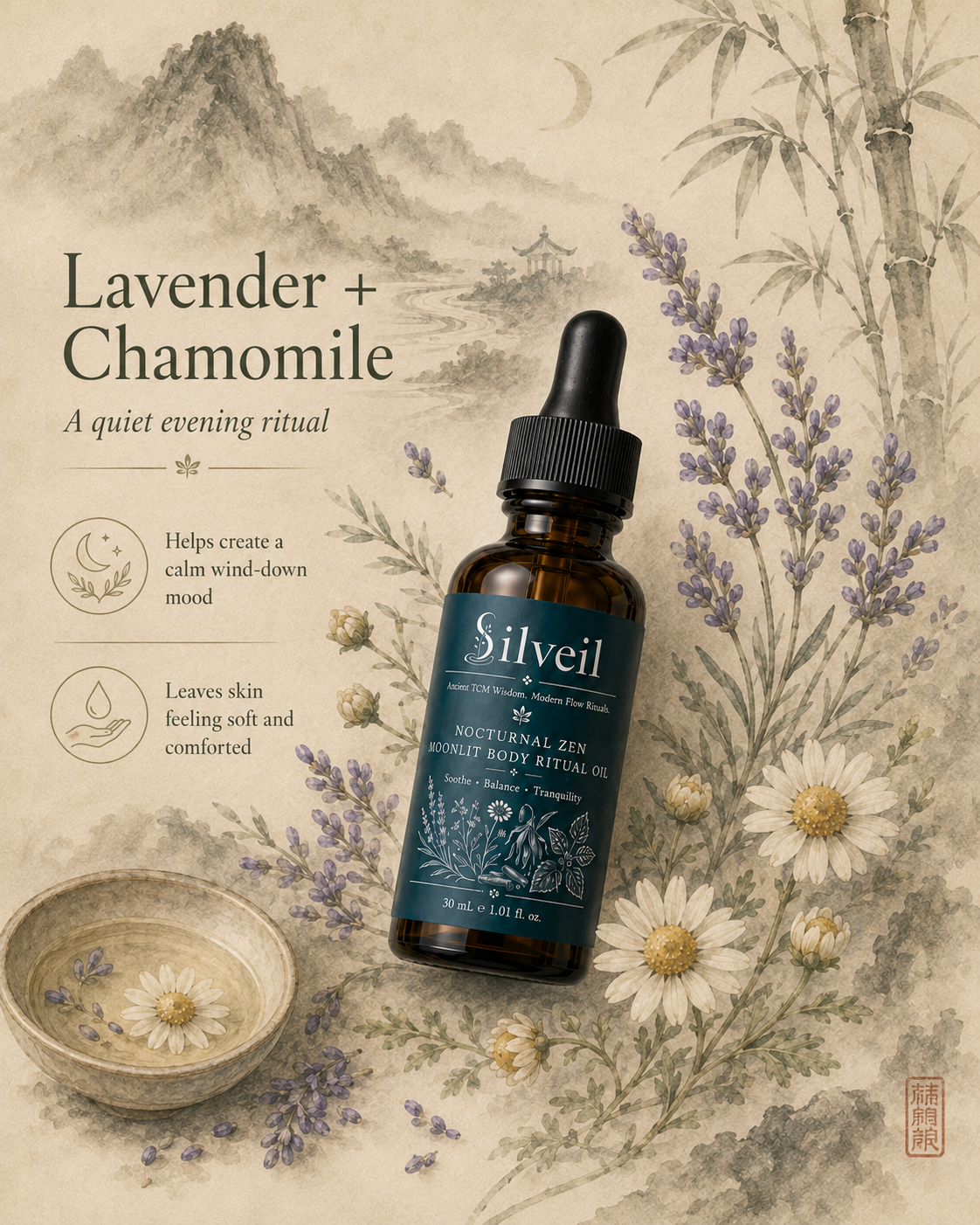 SILVEIL Nocturnal Zen Lavender Body Oil for Evening Massage Rituals