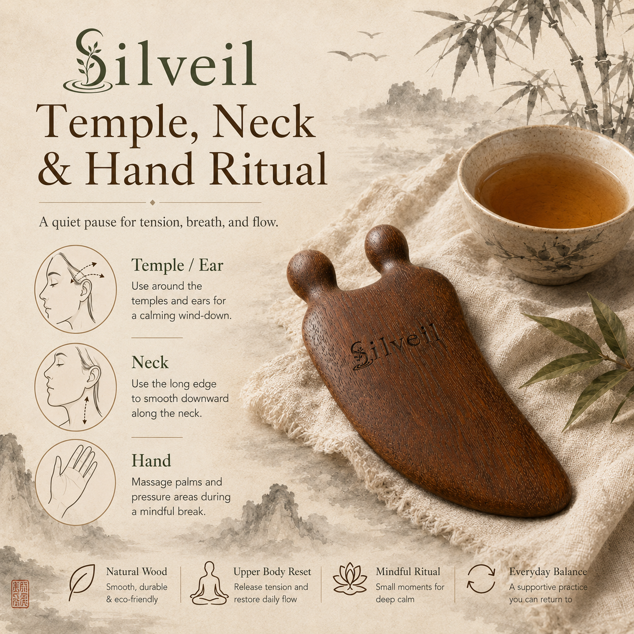 SILVEIL Bunny Lift Wood Gua Sha Tool l for Face, Neck & Hands