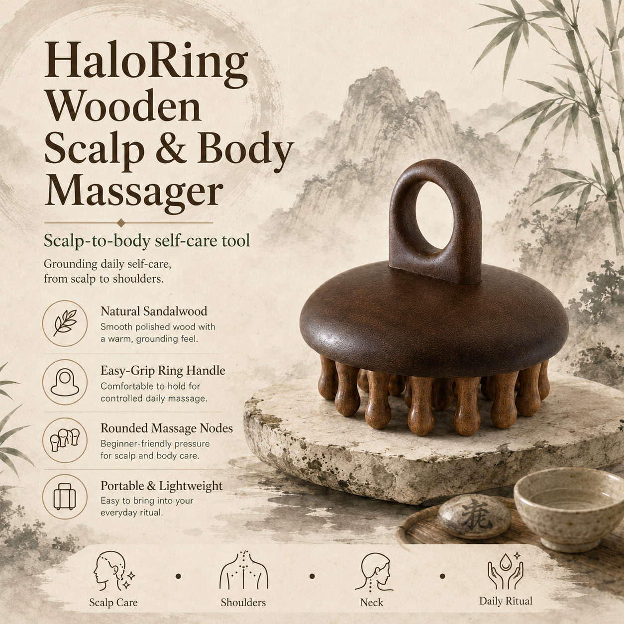 SILVEIL HaloRing Wooden Scalp & Body Massager